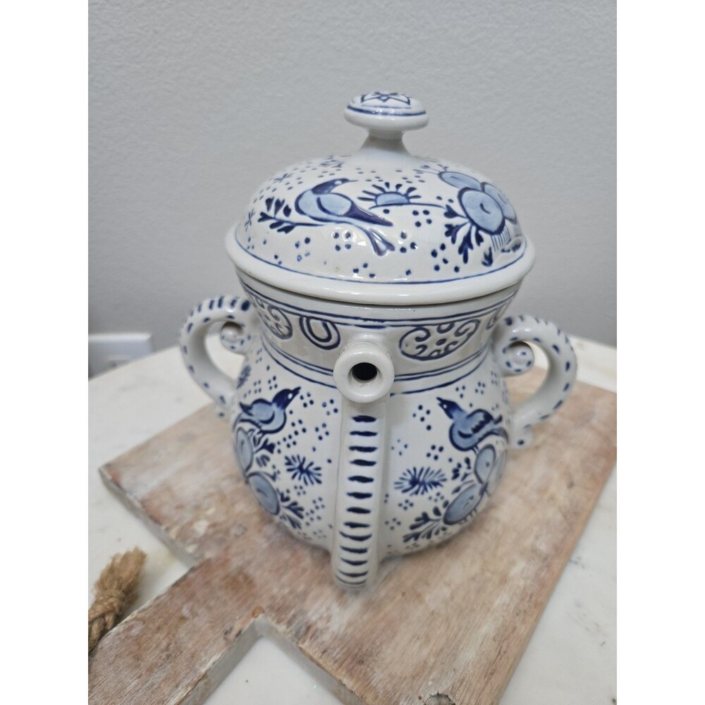 Vtg 1980 BLUE & WHITE TWO HANDLED EMBOSSED STONEWARE TEAPOT AVON- BIRDS FLORAL